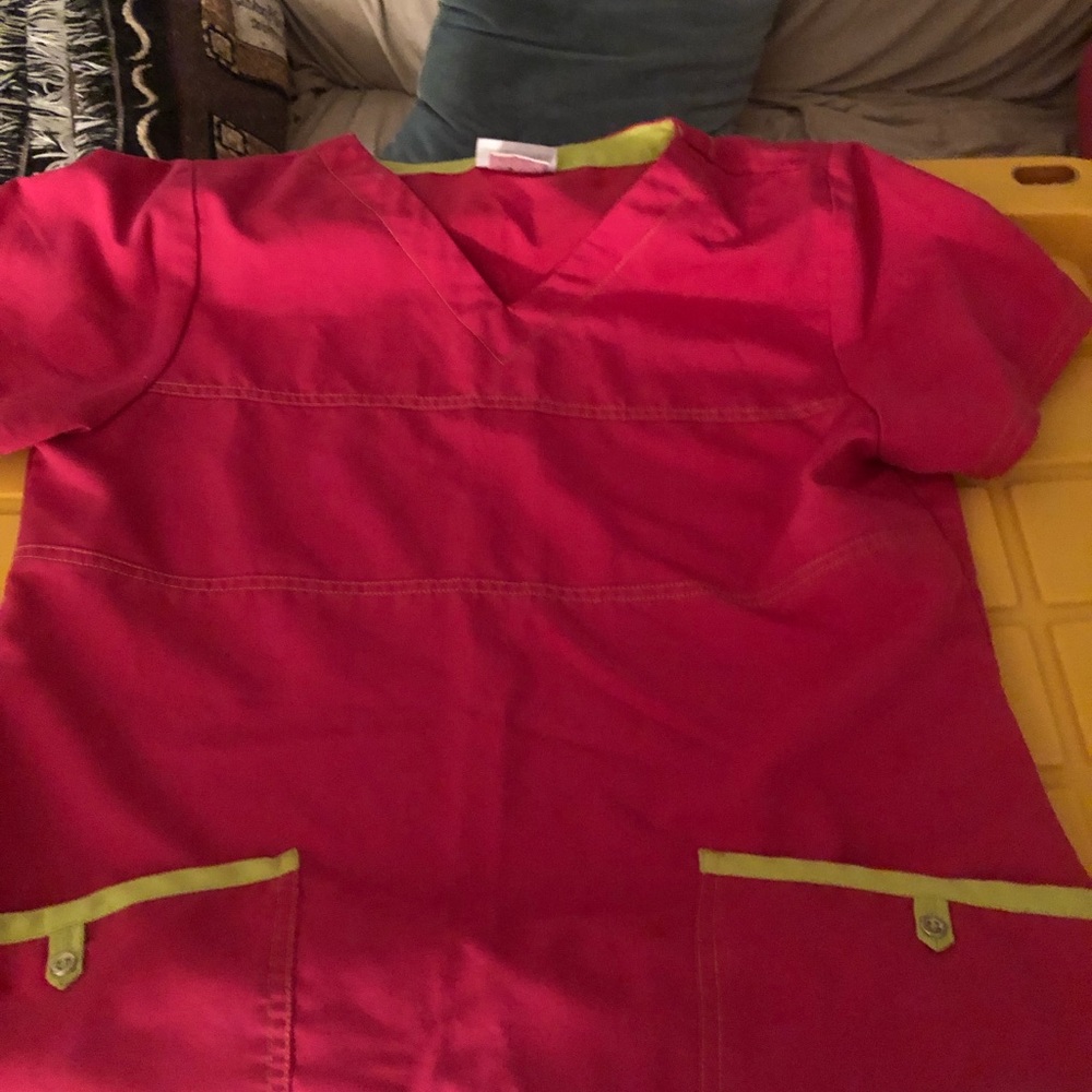 Scrub Star Hot Pink Scrub Top with Lime Green Trim